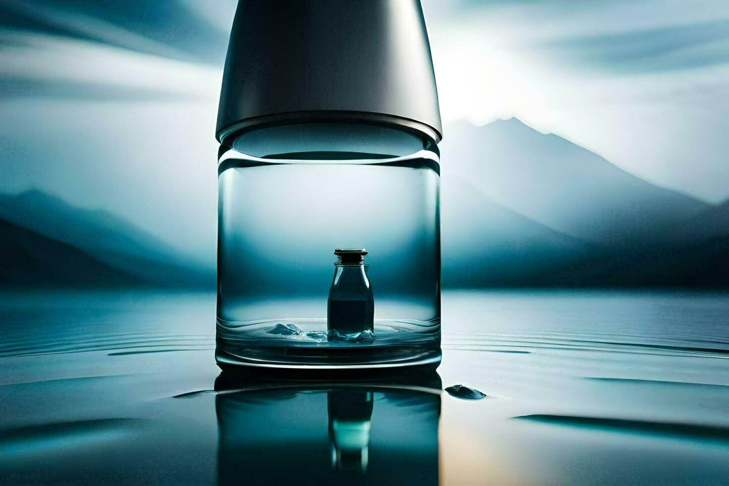 a bottle of water sitting on top of a lake. AI-Generated photo