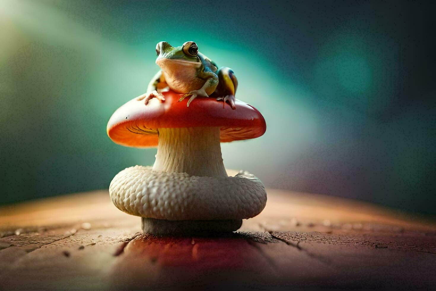 a frog sits on top of a mushroom. AI-Generated photo