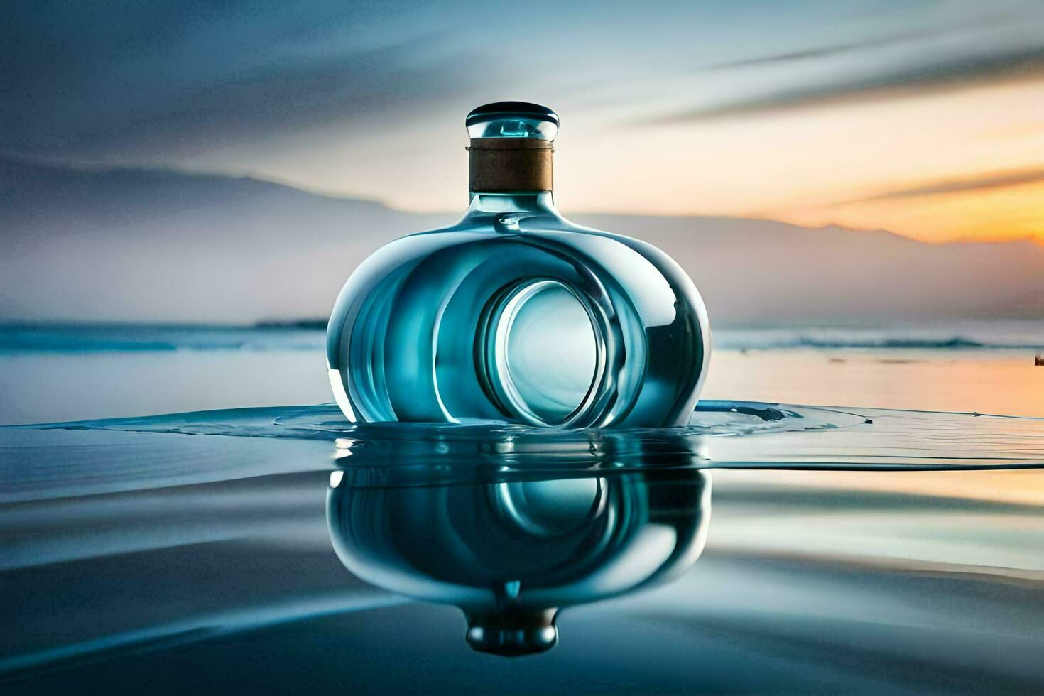 a bottle of blue liquid sitting in the water. AI-Generated photo