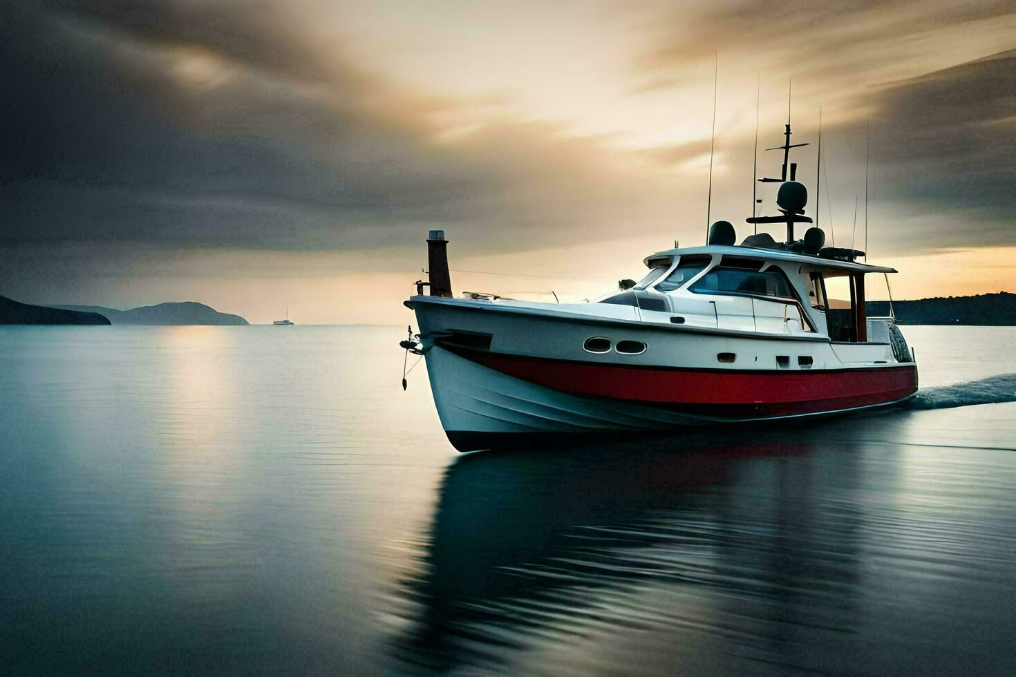 a boat is sailing on the water at sunset. AI-Generated photo
