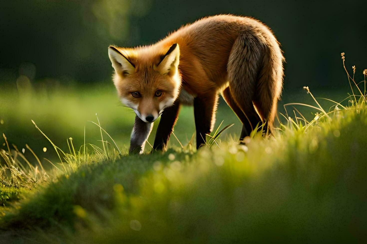 a fox is walking through the grass. AI-Generated photo