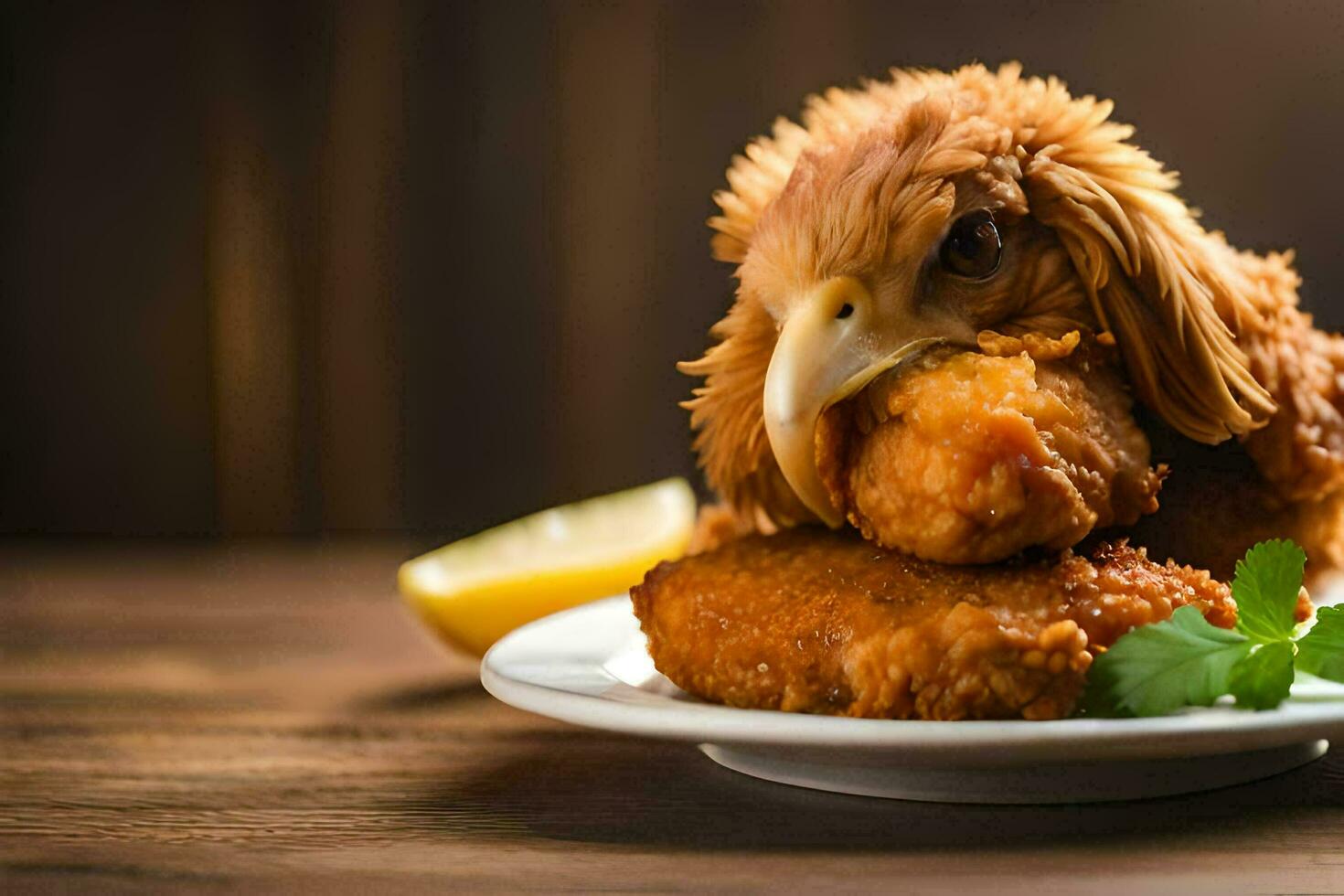 a chicken is sitting on a plate with some fried chicken. AI-Generated photo