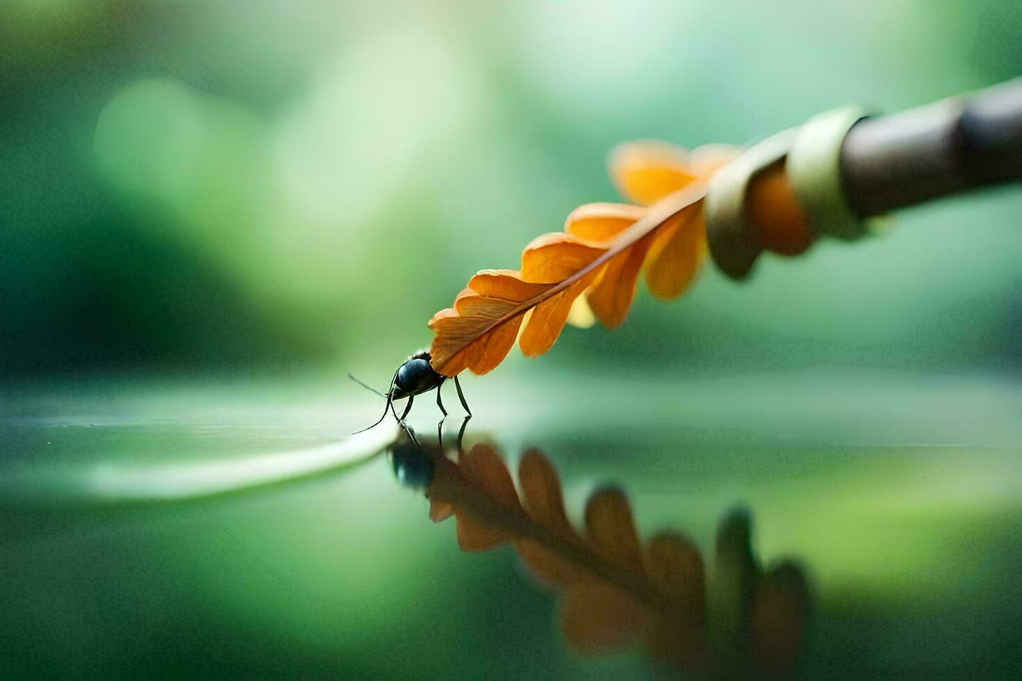 a bug is sitting on a leaf with a green stem. AI-Generated photo