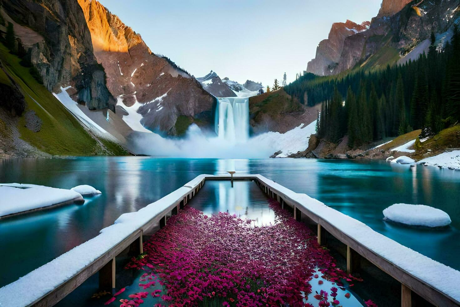 the waterfalls in the mountains are beautiful and the flowers are beautiful. AI-Generated photo