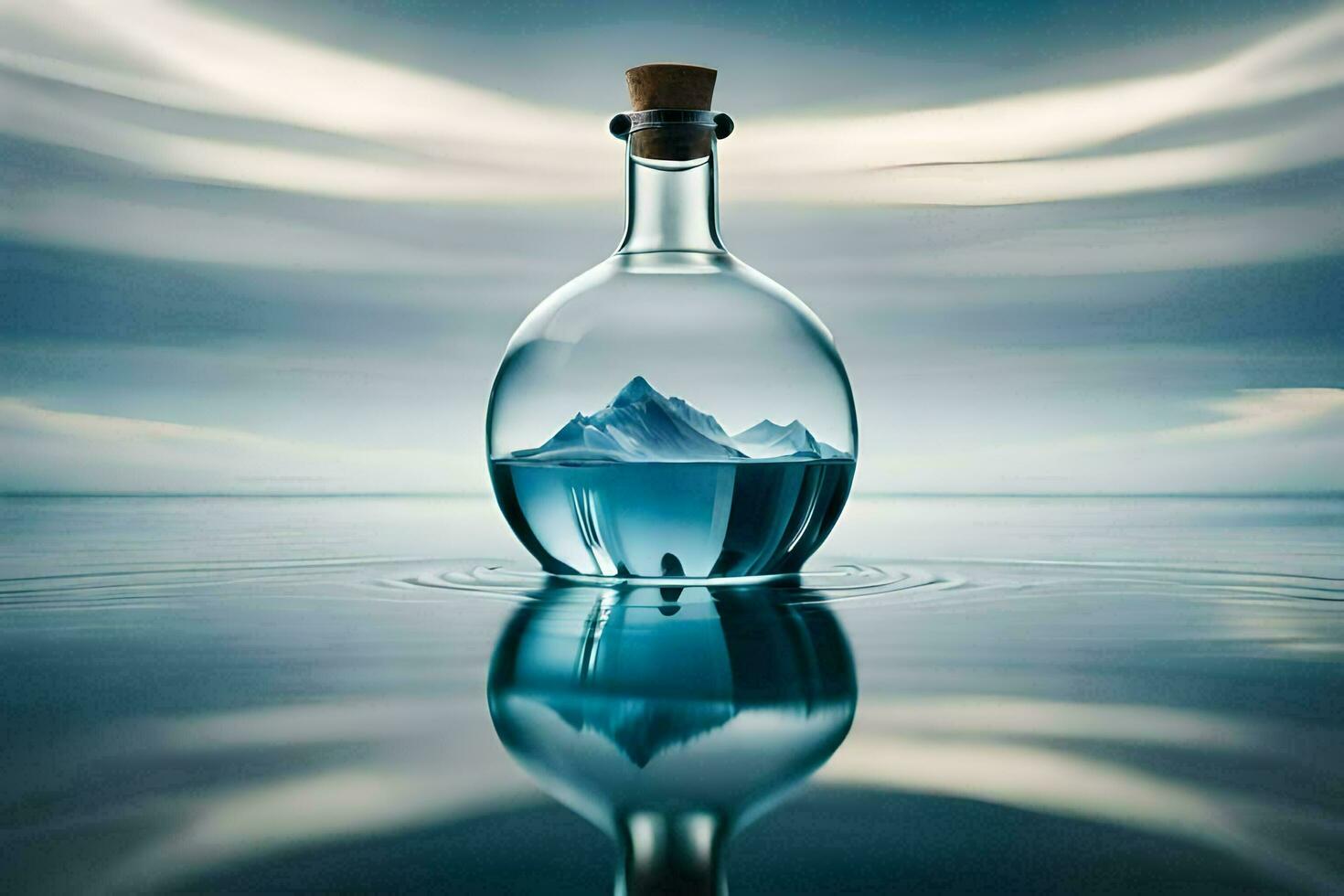 a bottle with a mountain in it on the water. AI-Generated photo