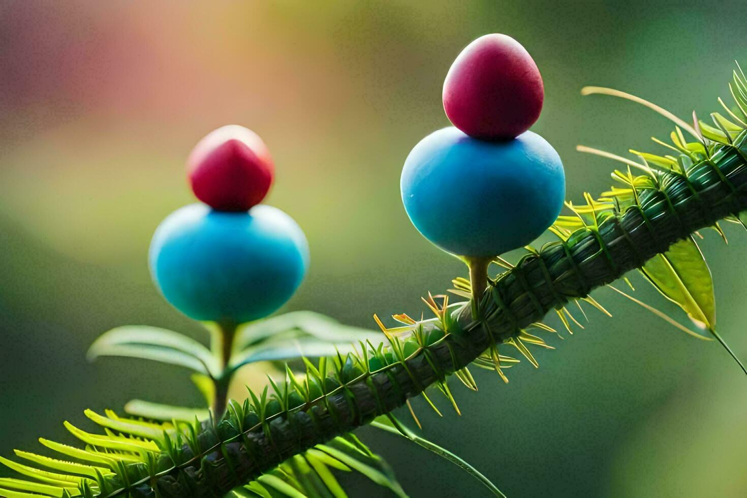 dos azul y rojo pelotas en un rama. generado por ai foto