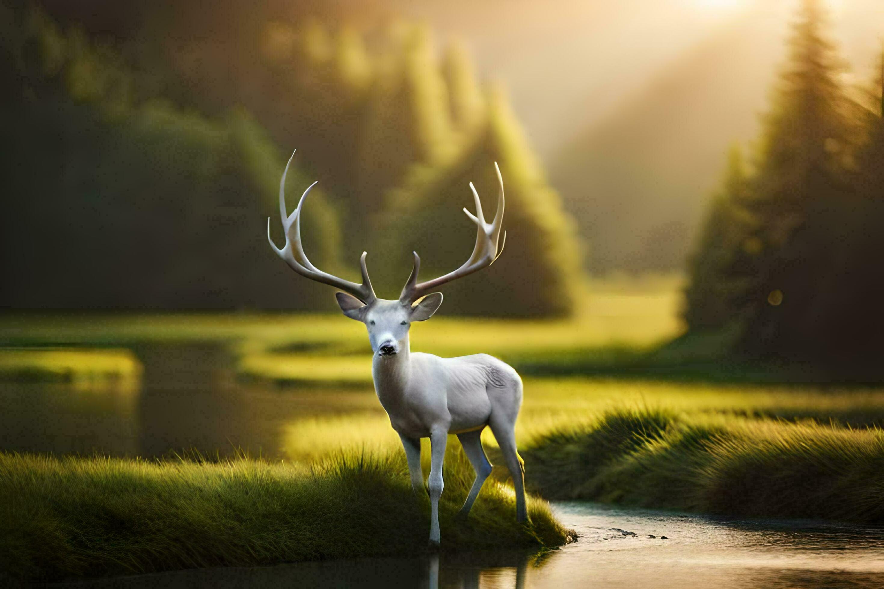 a white deer stands in the middle of a river. AIGenerated 32257143