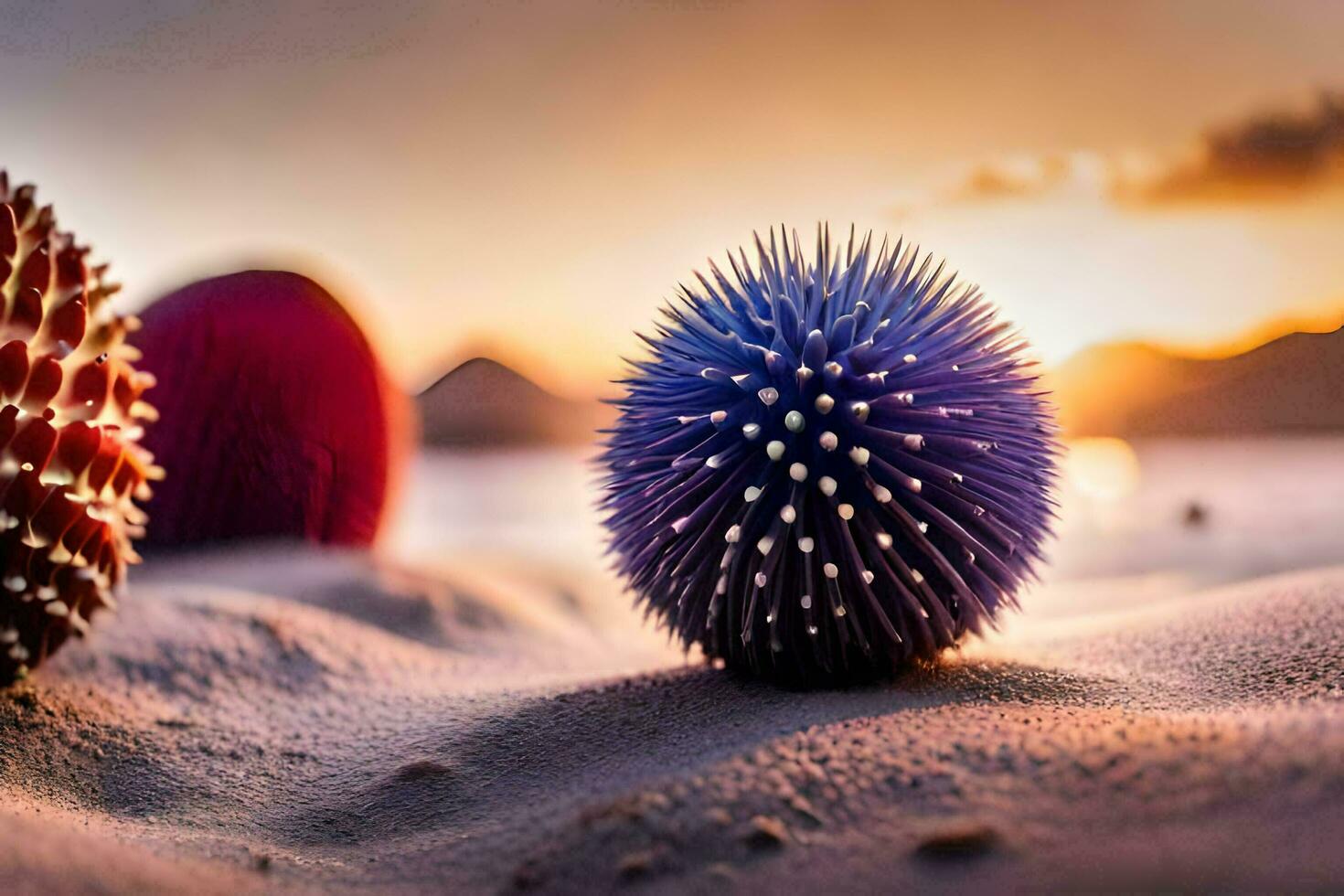 three colorful spiky balls on the beach at sunset. AI-Generated photo