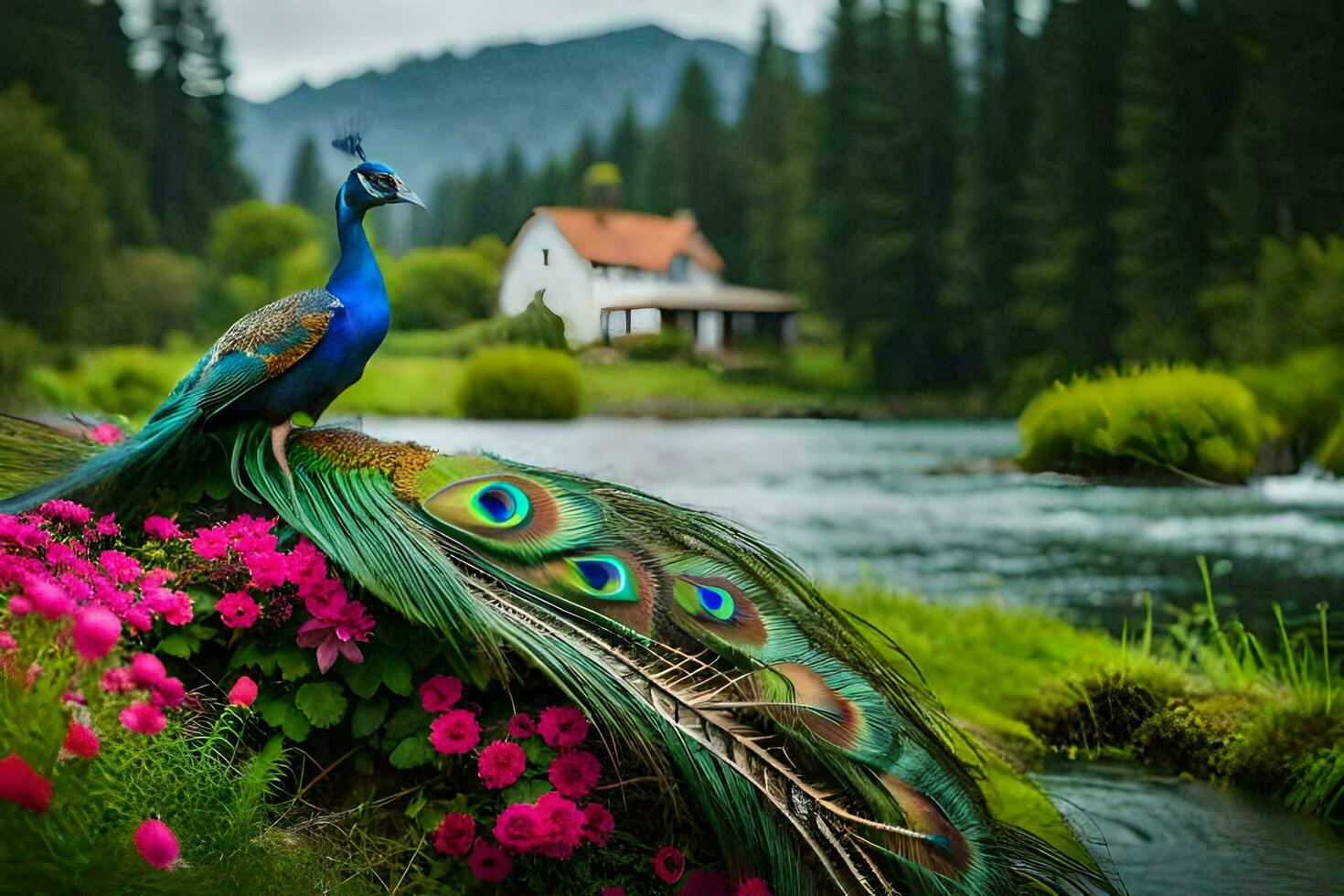 peacock on the river. AI-Generated photo