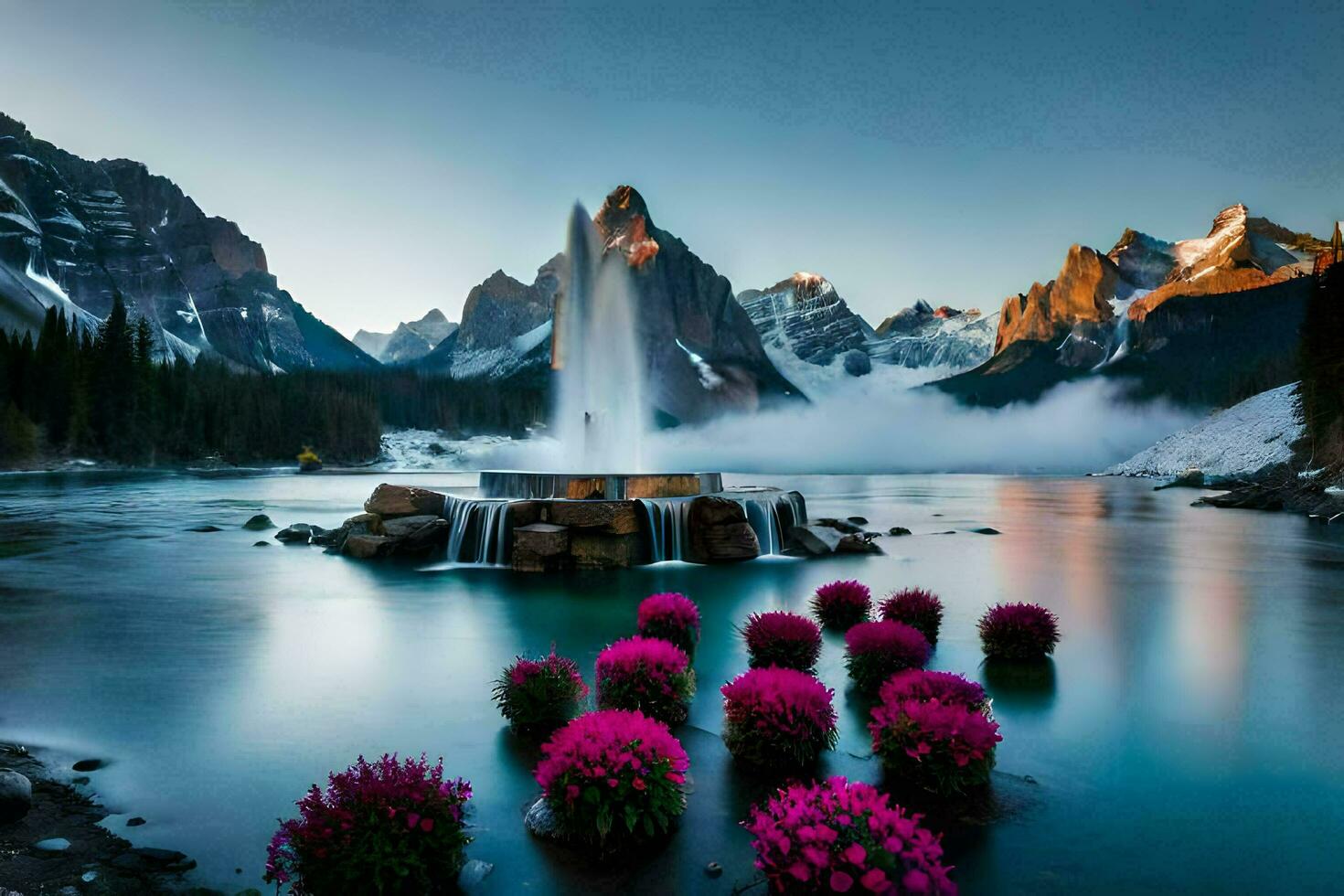 the beautiful landscape of the mountains and lake with flowers. AI-Generated photo