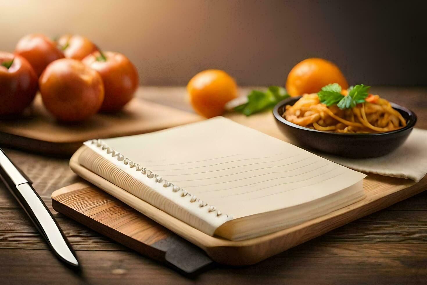 a notebook with a pen and a knife on a wooden cutting board. AI-Generated photo