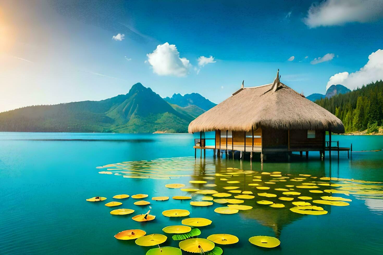 the house on the lake, lake, mountains, water, hd wallpaper. AI