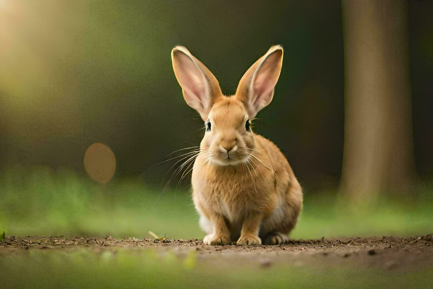 a rabbit sitting on the ground in the sun. AI-Generated photo