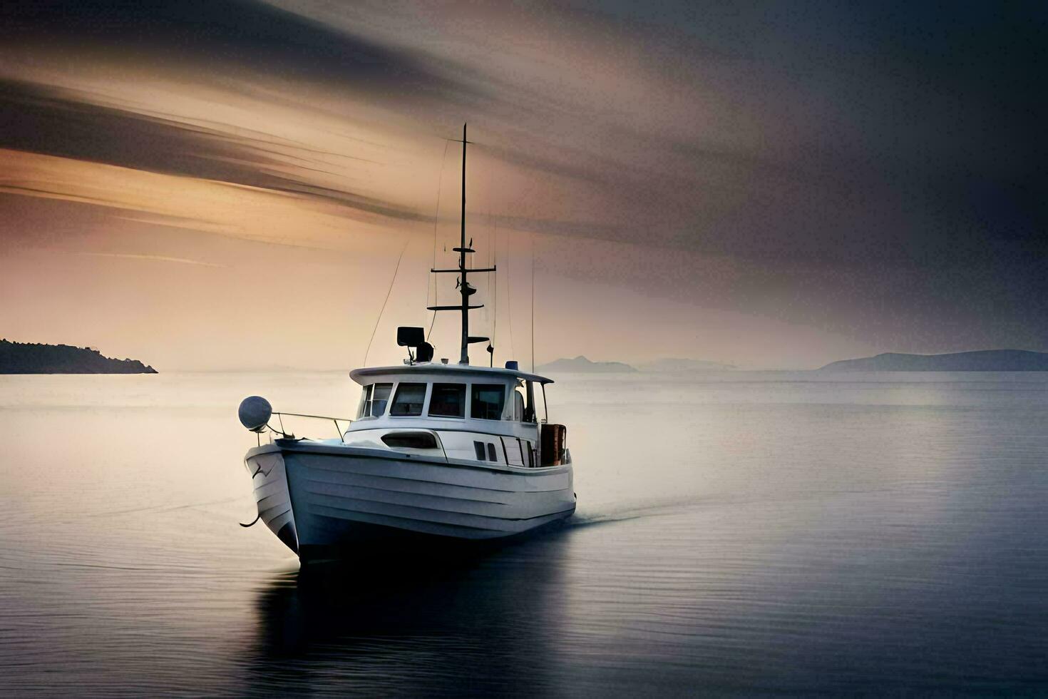 a boat is floating in the water at sunset. AI-Generated photo