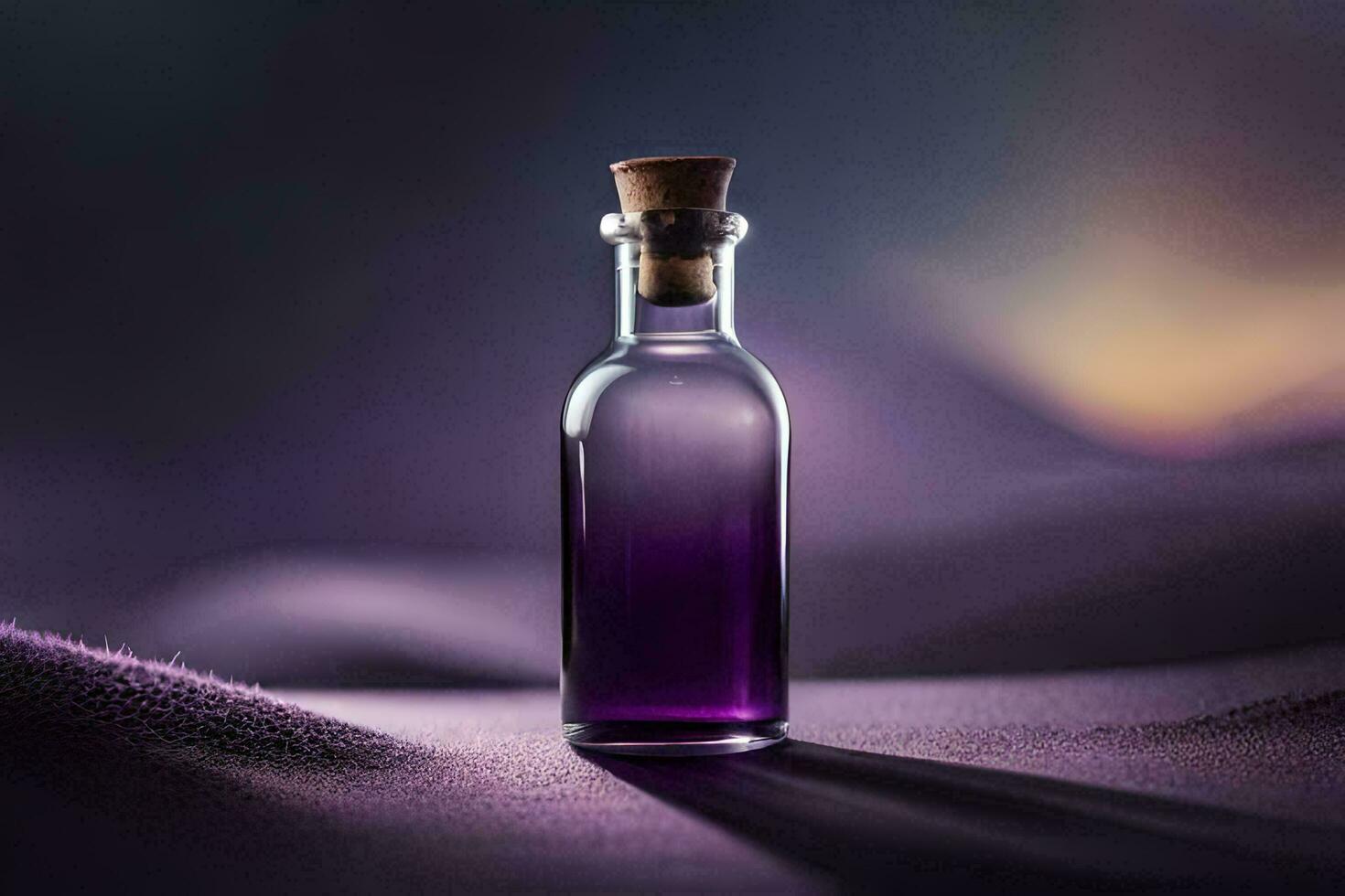 a bottle of purple liquid sitting on a table. AI-Generated photo