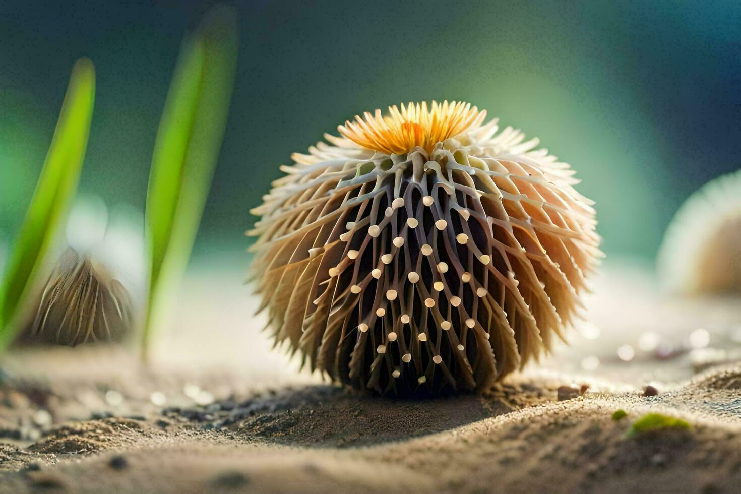 a close up of a spiky ball on the sand. AI-Generated photo