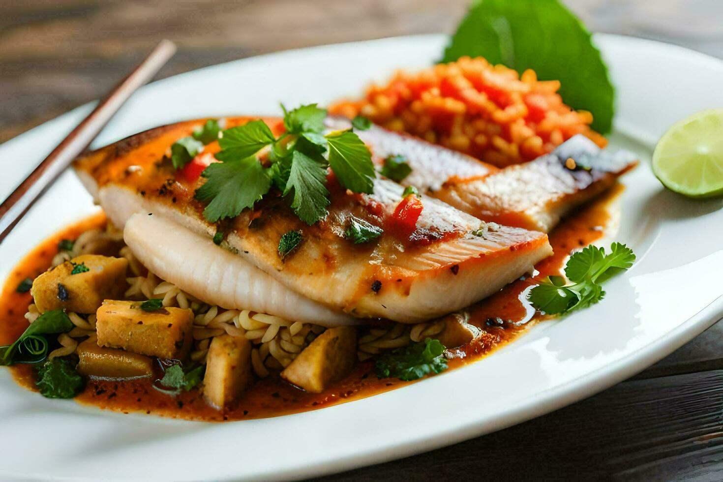 a fish with rice and vegetables on a white plate. AI-Generated photo