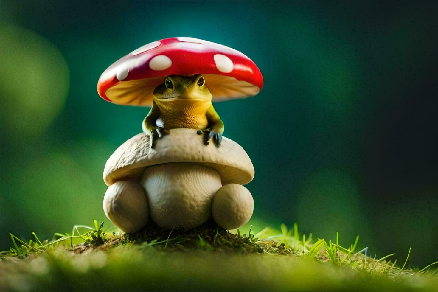 a frog sitting on top of a mushroom. AI-Generated photo