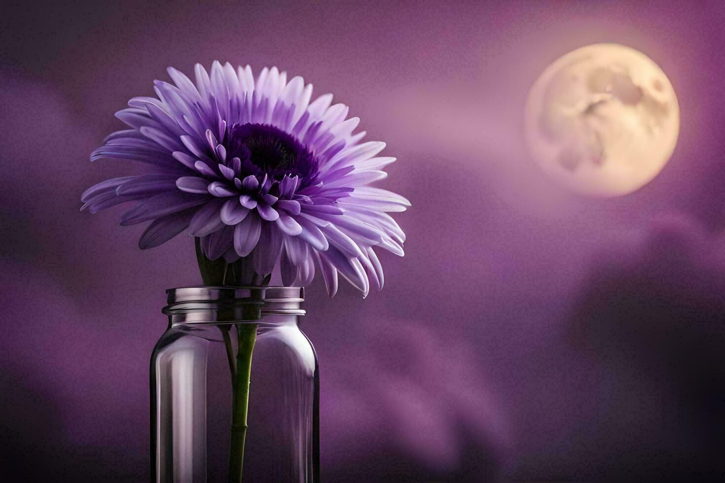 purple flower in a glass jar with a full moon in the background. AI-Generated photo