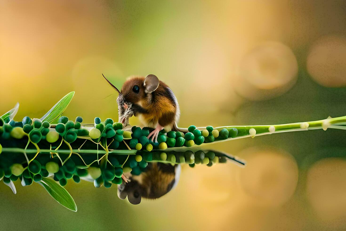 a mouse is sitting on top of a green plant. AI-Generated photo