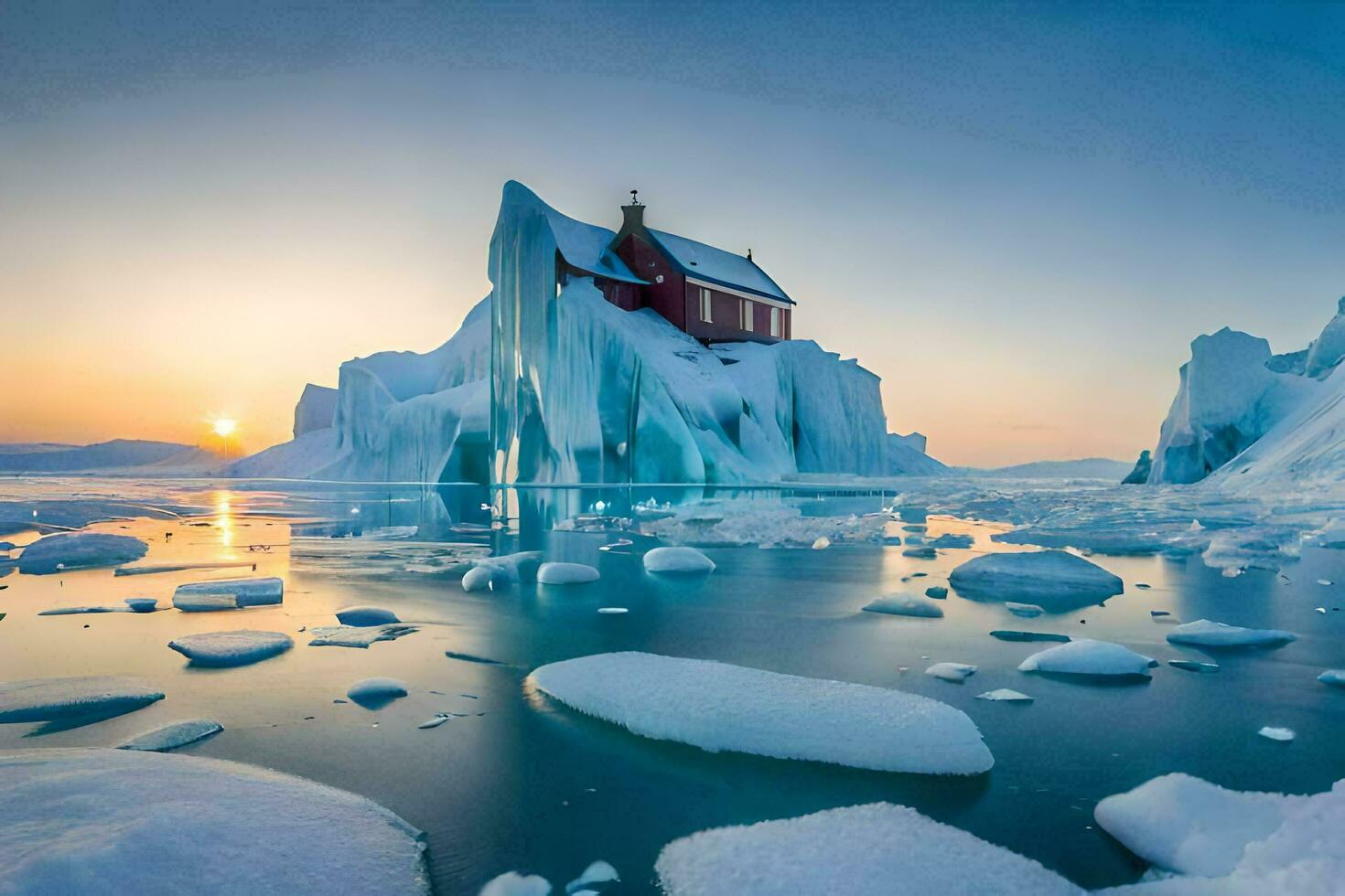 un rojo casa se sienta en parte superior de un iceberg en el medio de el océano. generado por ai foto