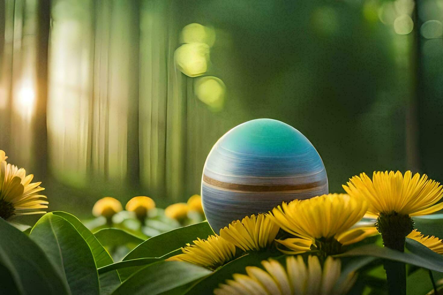 an easter egg is sitting in the middle of some flowers. AI-Generated photo