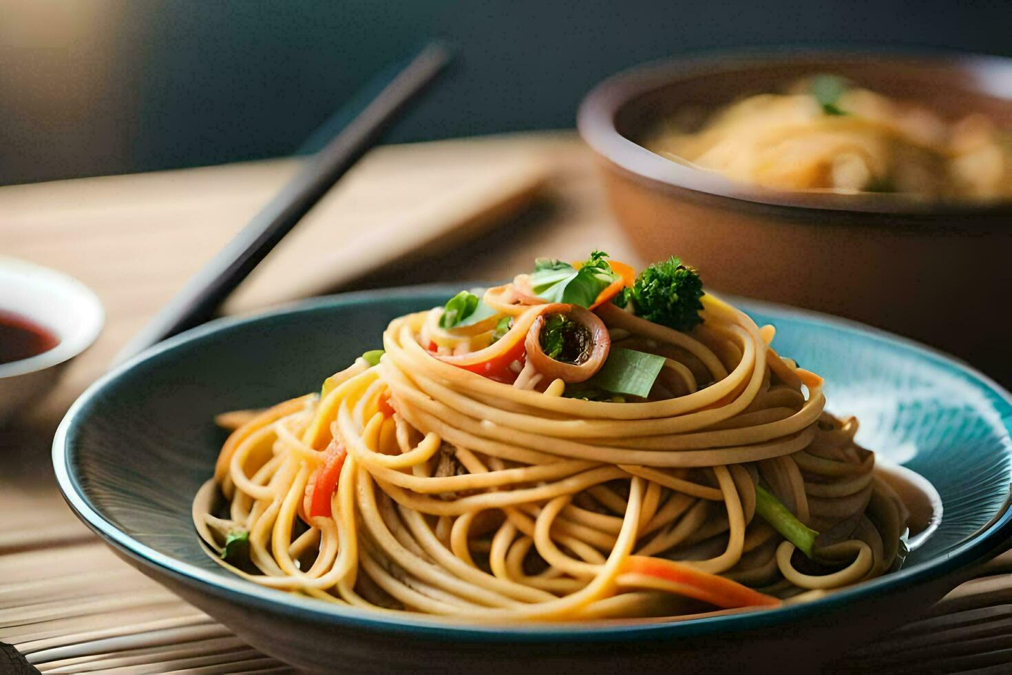 a bowl of noodles with vegetables and chopsticks. AI-Generated photo