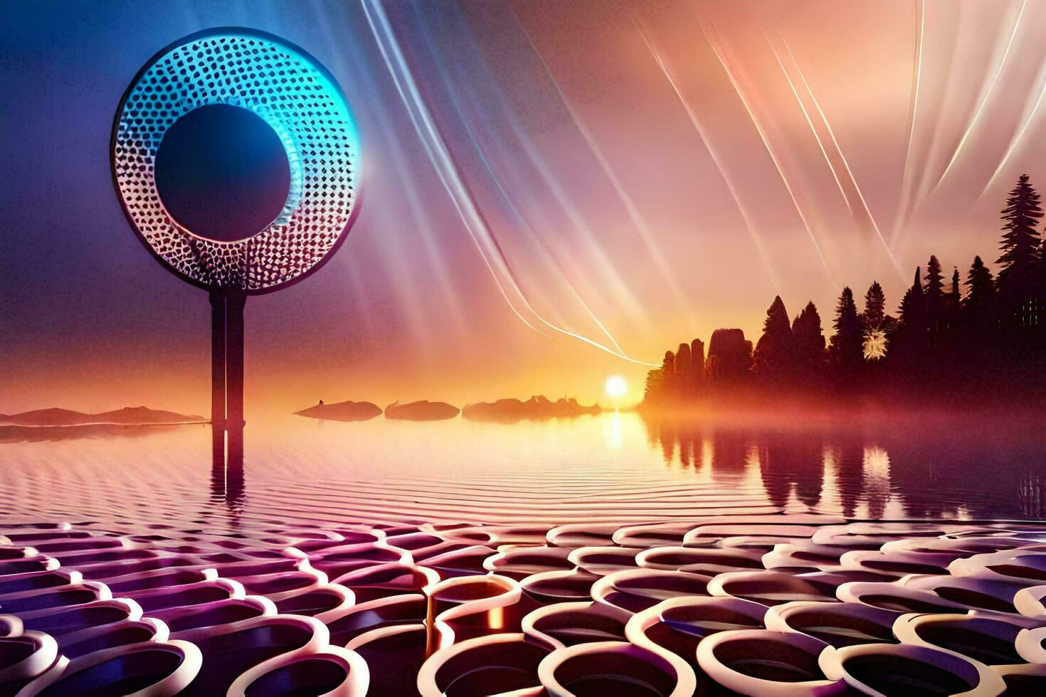 a futuristic looking object with a circular shape in the middle of a lake. AI-Generated photo