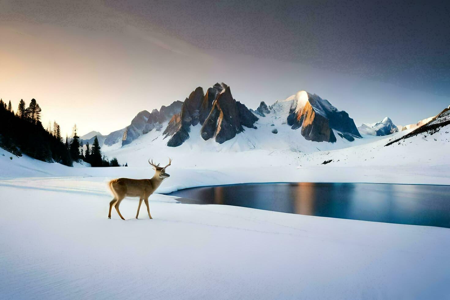 a deer stands in the snow near a lake. AI-Generated photo