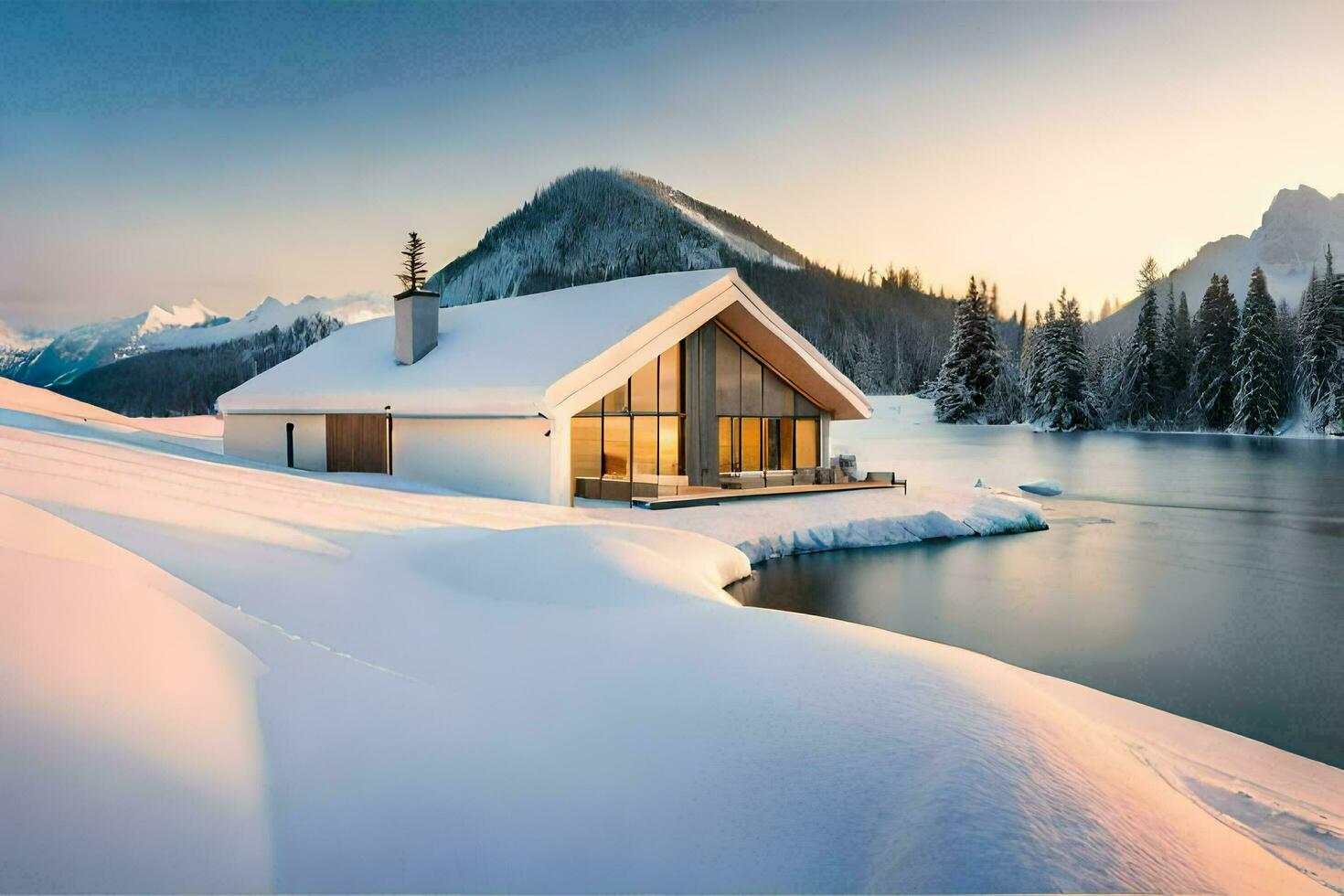 a cabin in the snow with a lake in the background. AI-Generated photo
