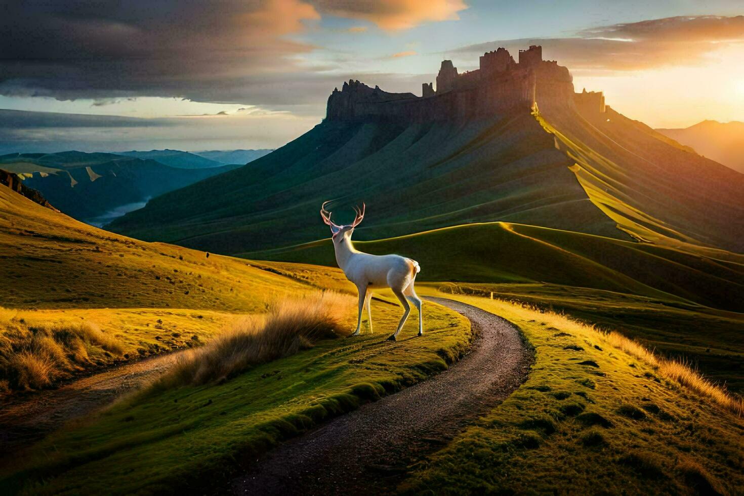 a deer stands on a mountain road at sunset. AI-Generated photo