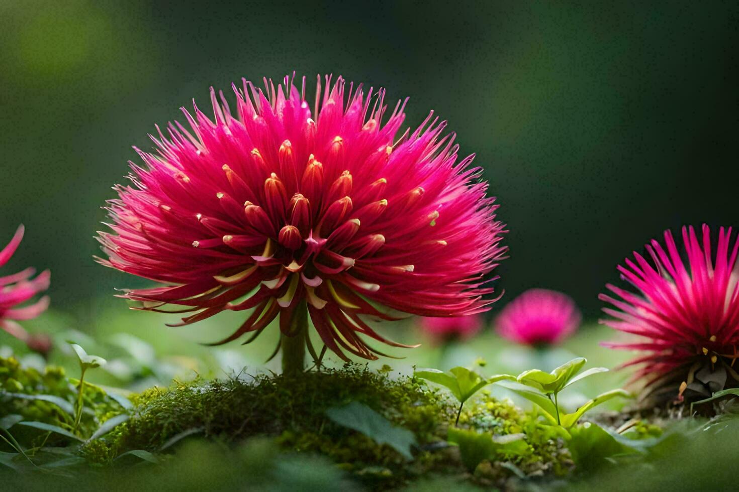 a pink flower is growing on top of moss. AI-Generated photo