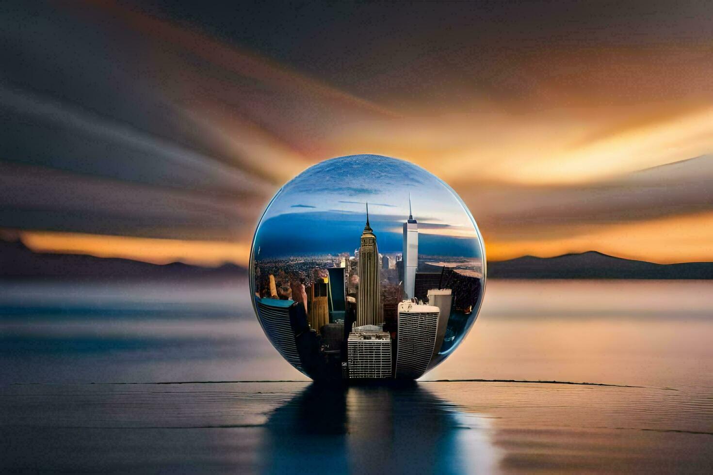 a city in a glass ball with a sunset behind it. AI-Generated photo