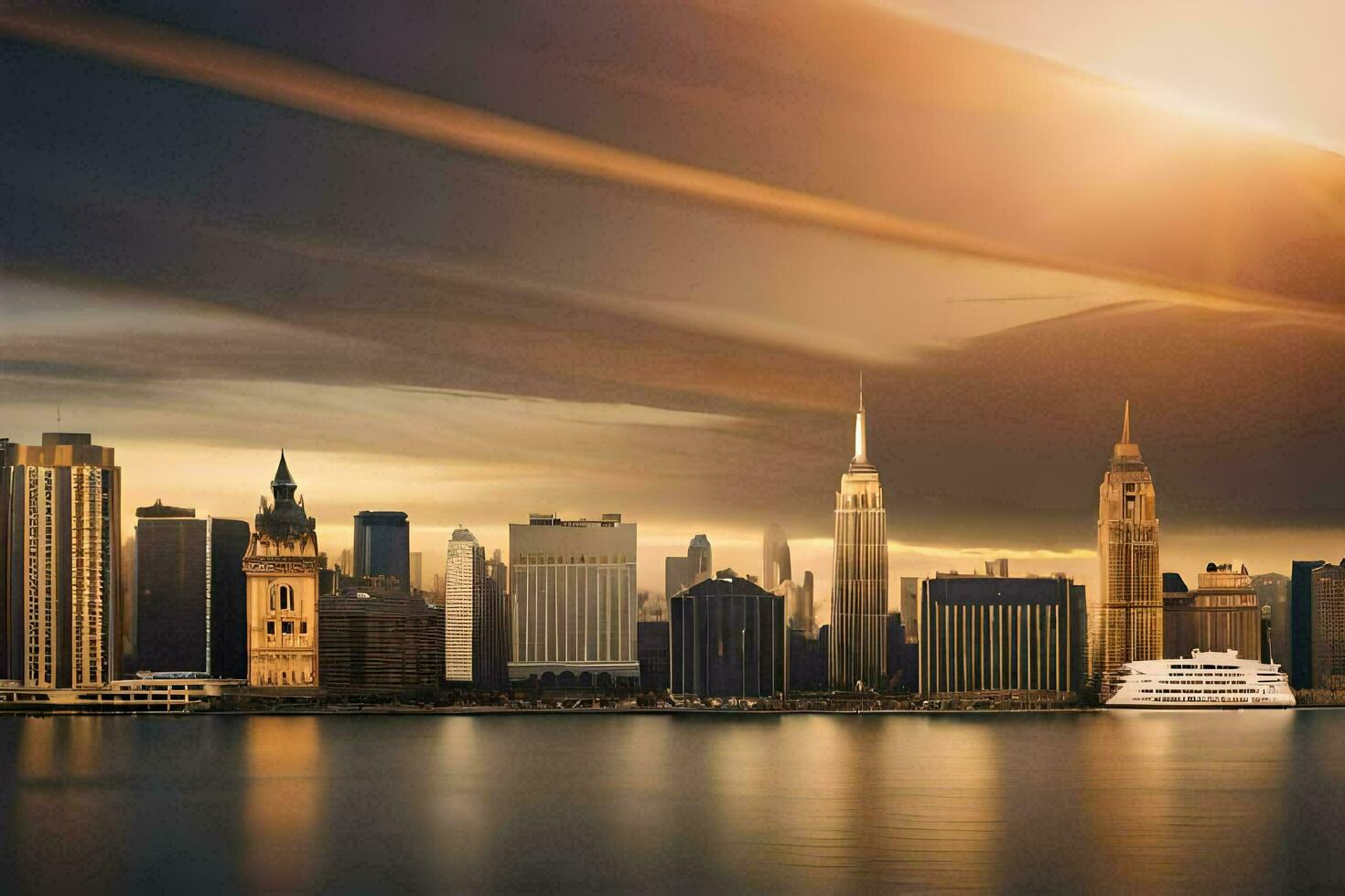 el horizonte de nuevo York ciudad a puesta de sol. generado por ai foto