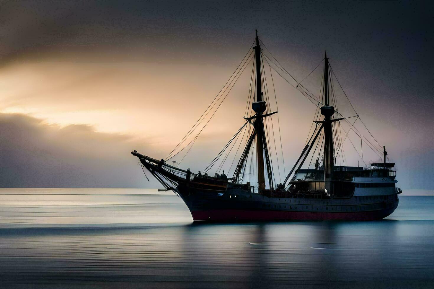 a sailing ship in the ocean at sunset. AI-Generated photo