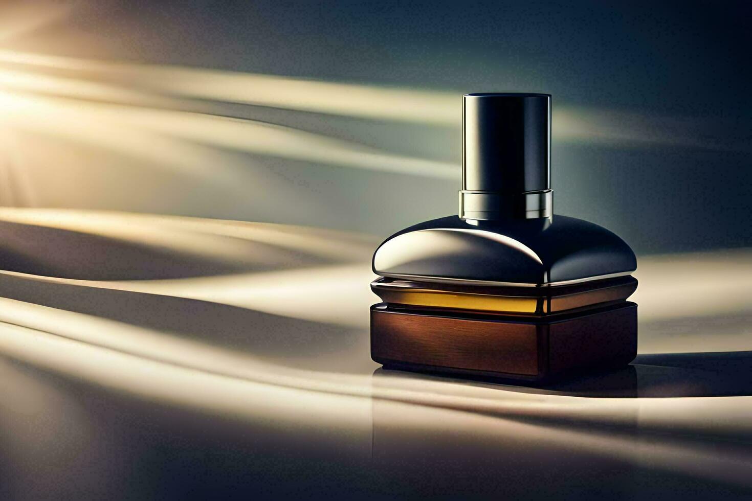 a bottle of perfume sitting on a table. AI-Generated photo