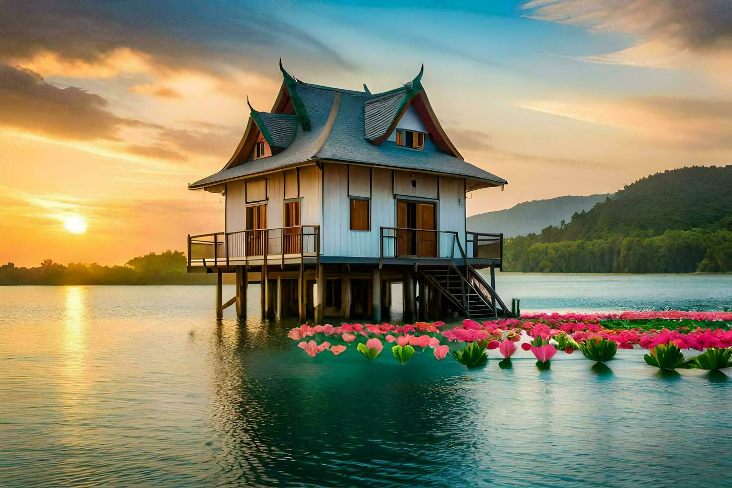un casa en zancos en el medio de un lago con rosado flores generado por ai foto