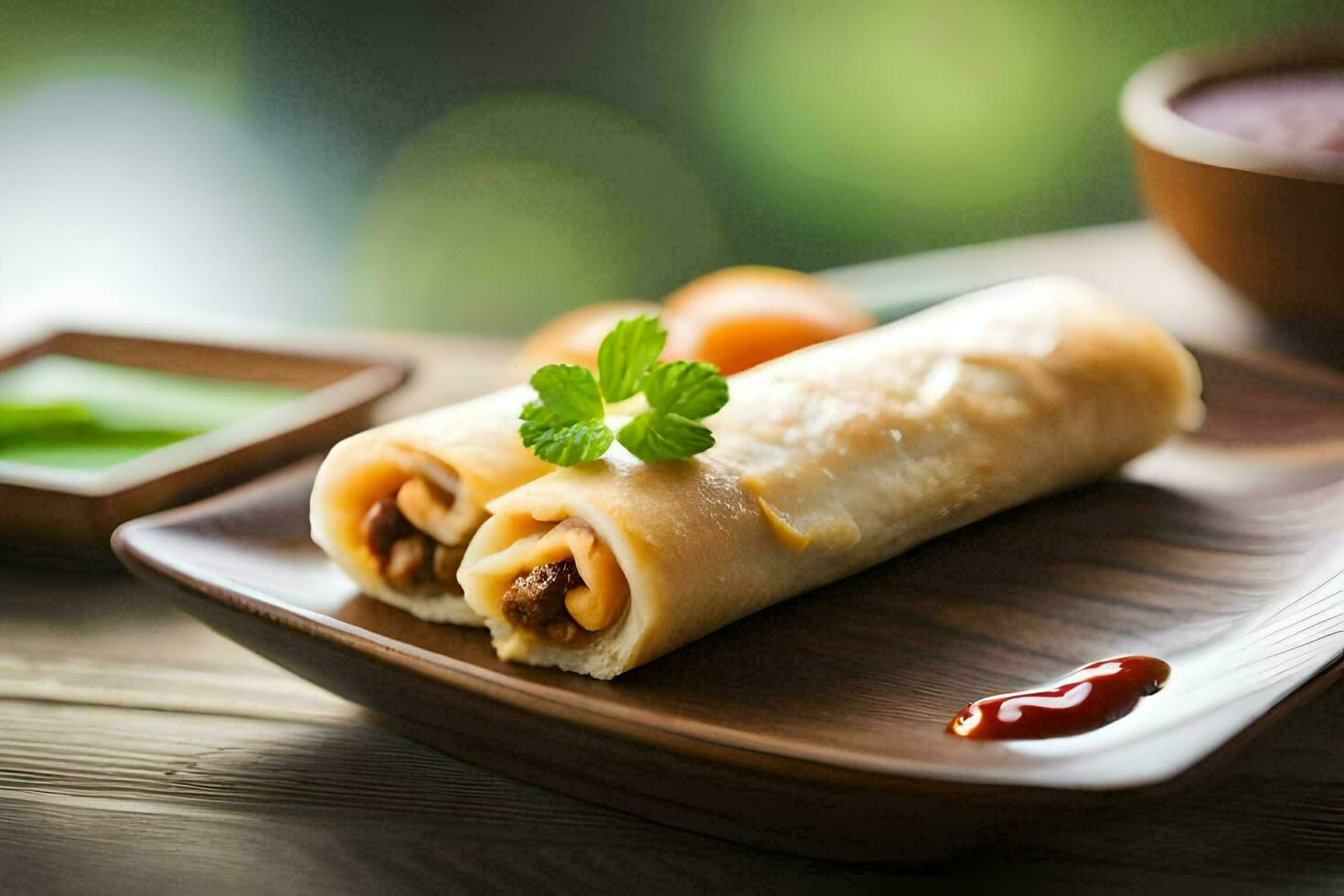 a plate with a roll of food and sauce. AI-Generated photo