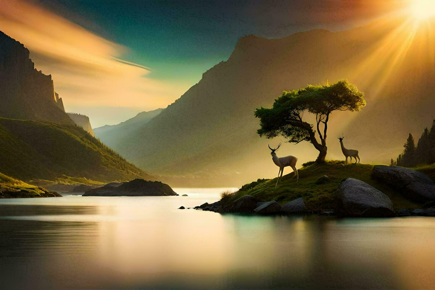 the sun is shining on the mountains and the deer are standing on the shore. AI-Generated photo