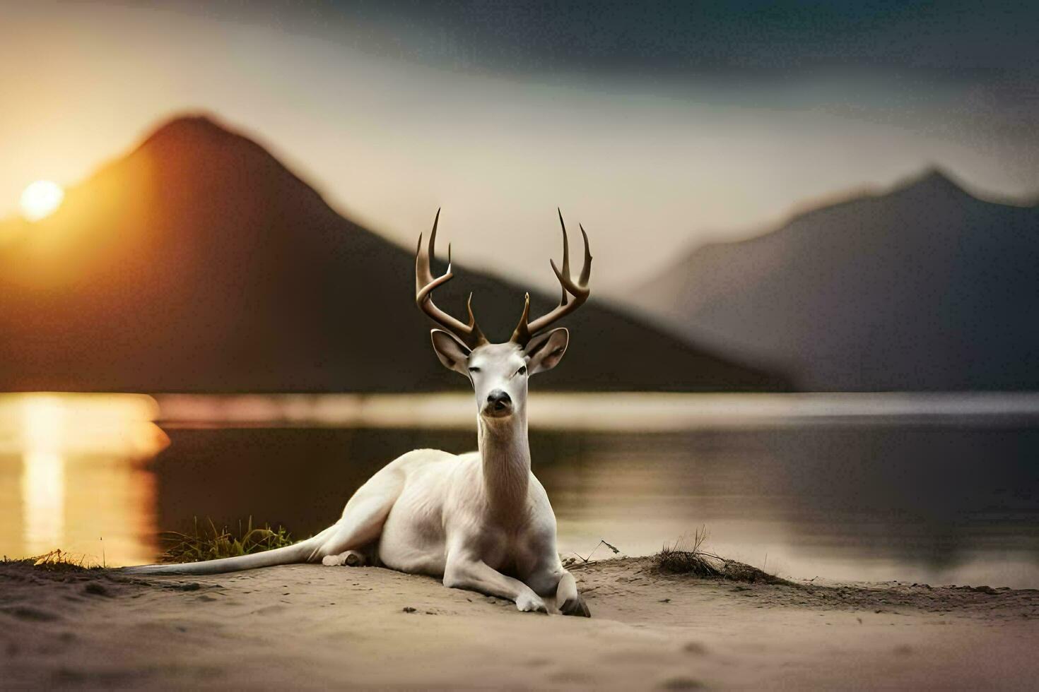 a white deer is sitting on the sand near a lake. AI-Generated photo