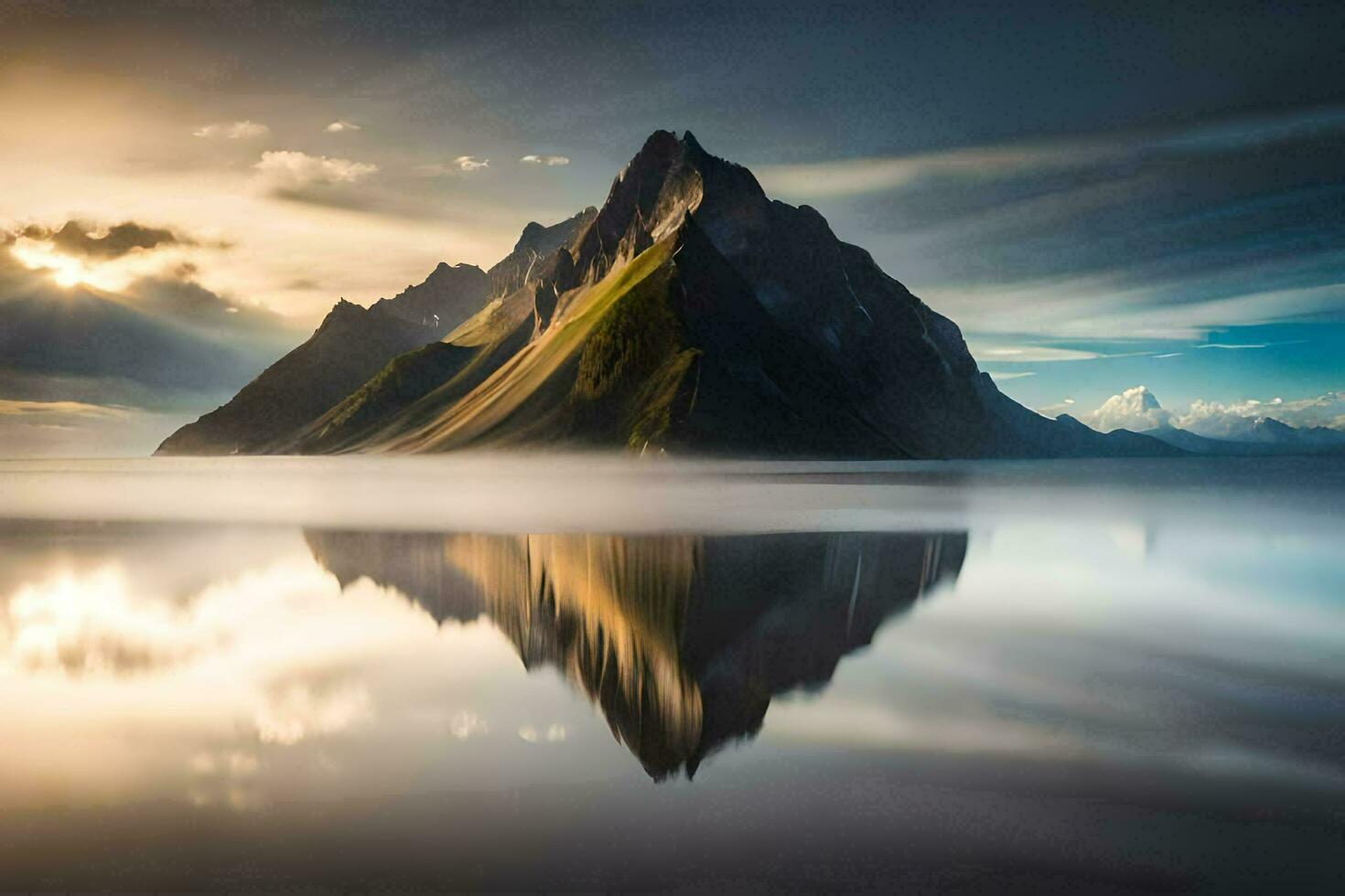 the mountains are reflected in the water. AI-Generated photo