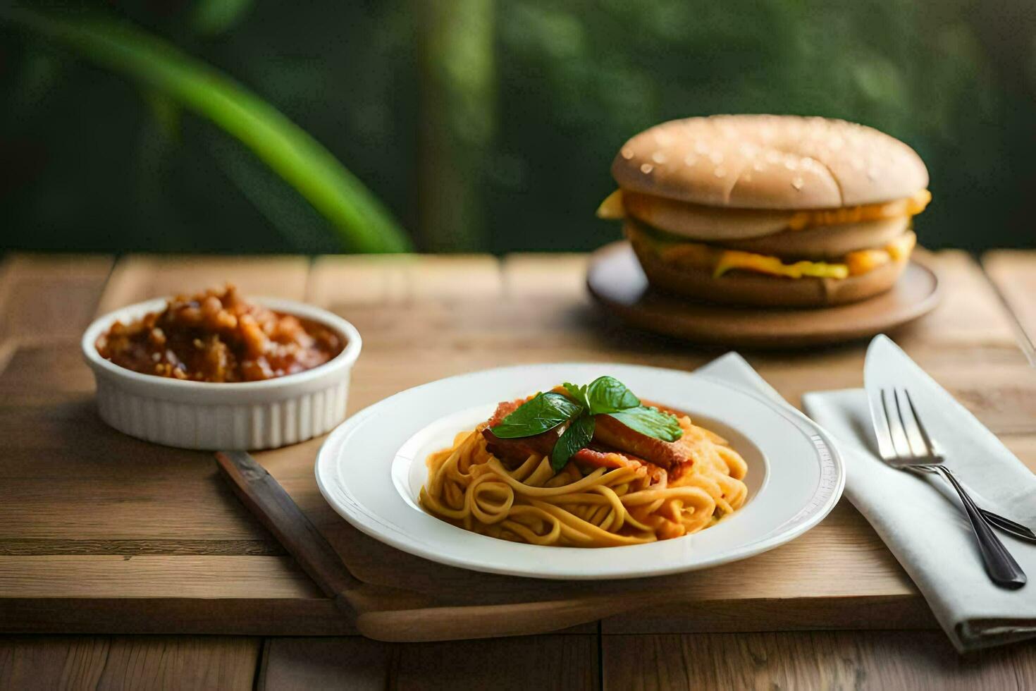 a plate of spaghetti and a burger on a wooden table. AI-Generated photo