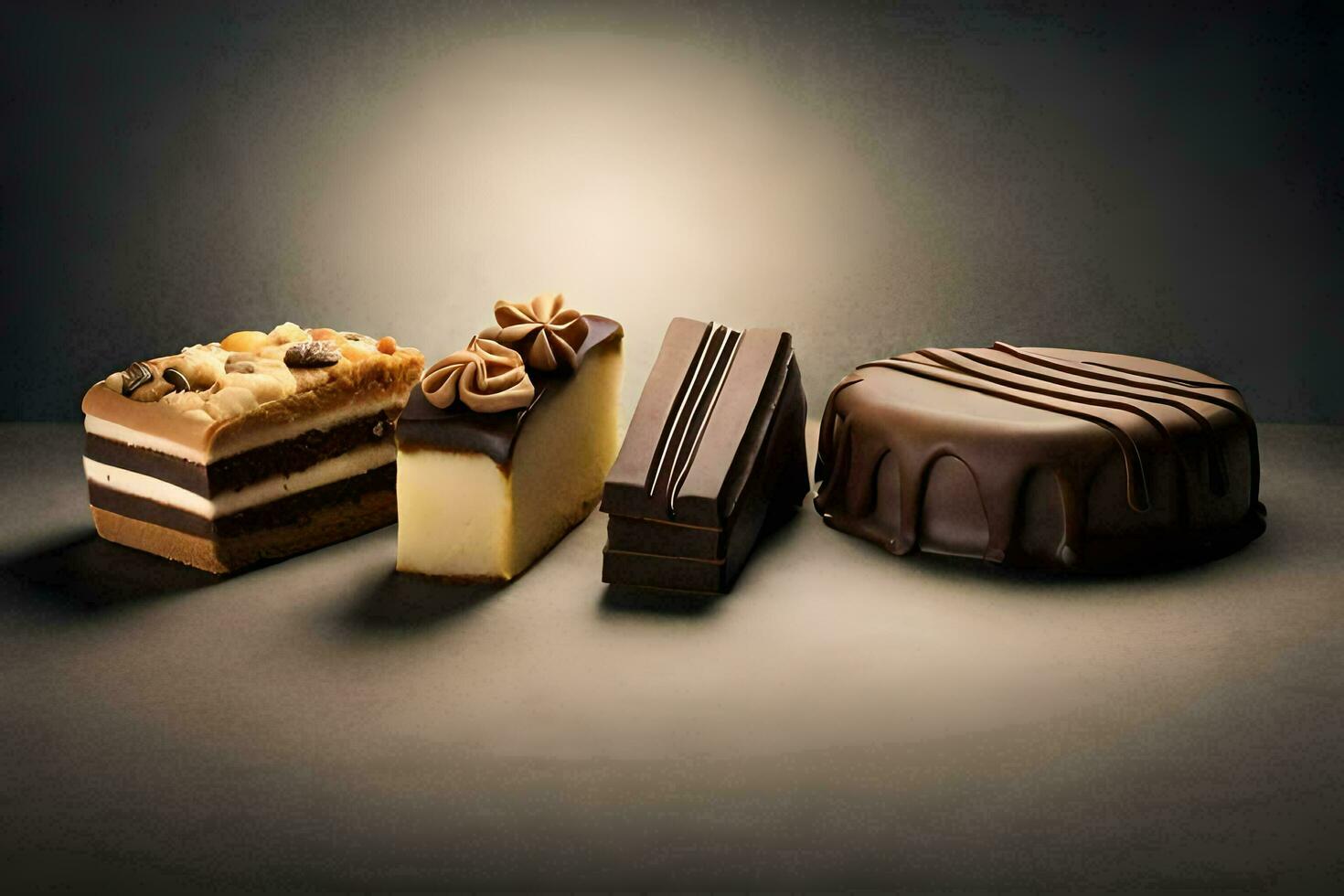 three different types of cakes are shown on a dark background. AI-Generated photo