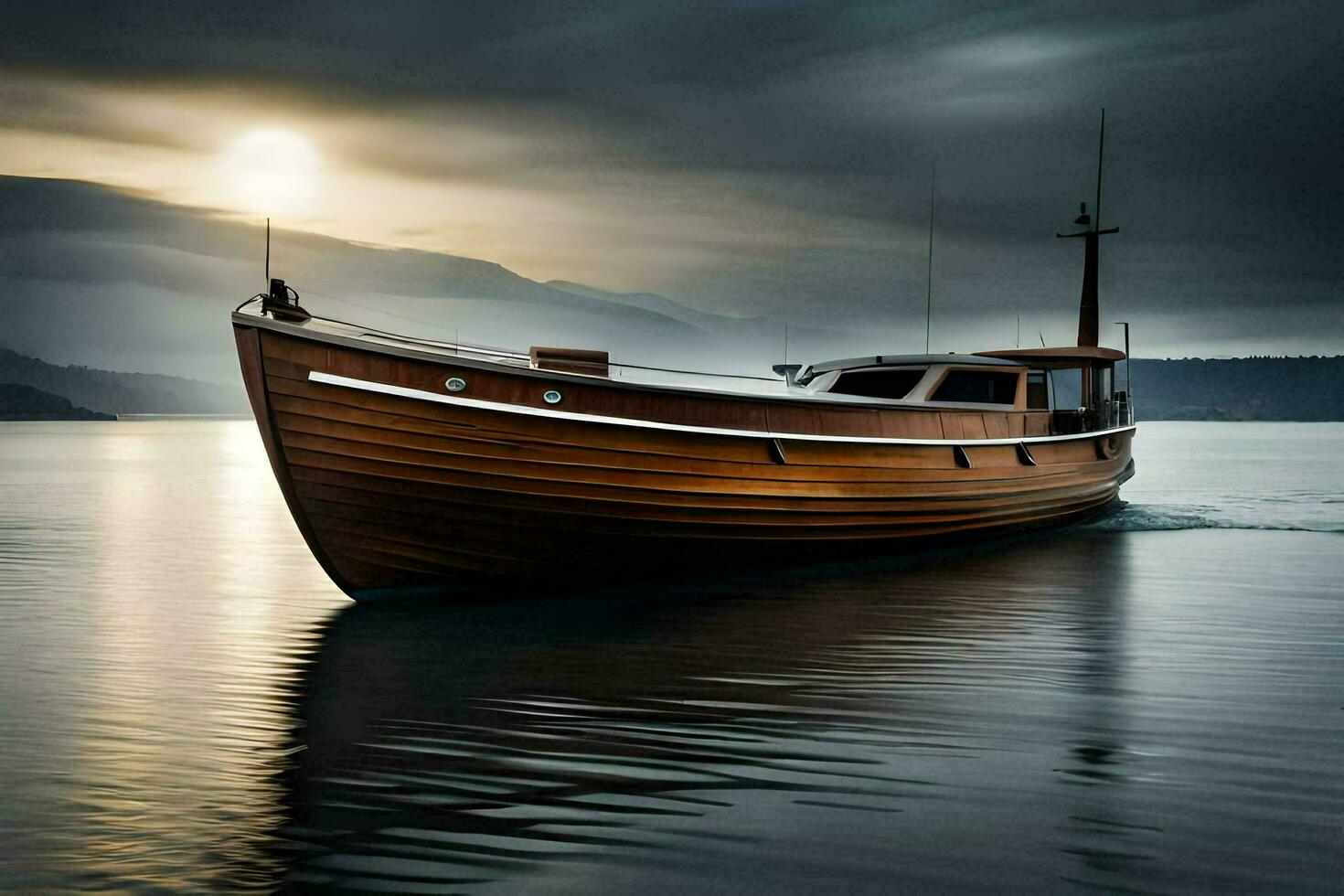 a boat on the water with a dark sky. AI-Generated photo