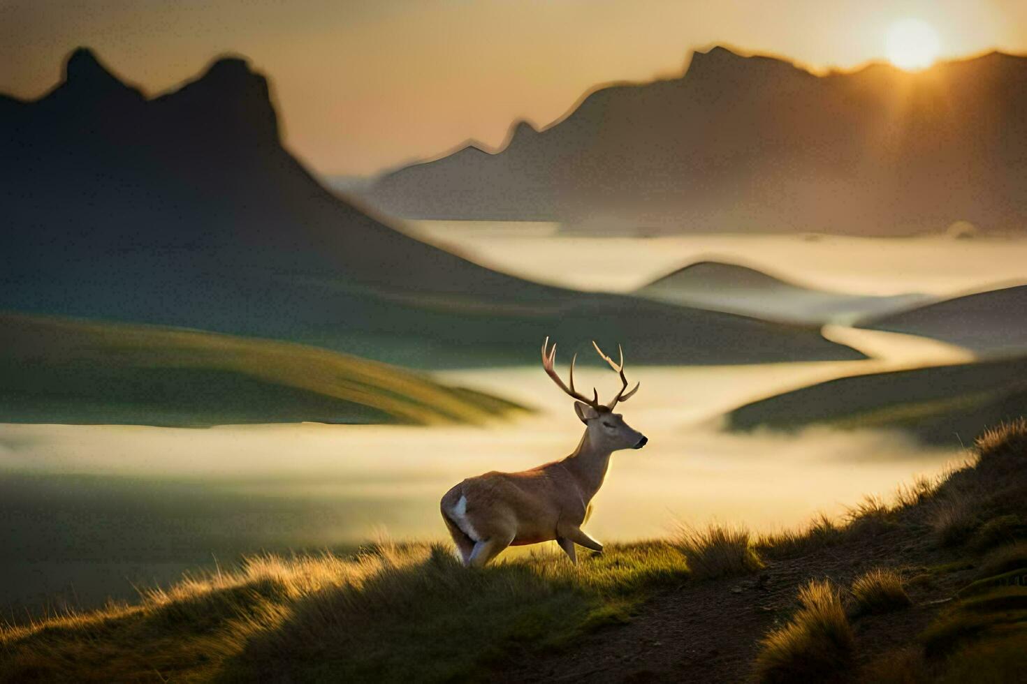 a deer stands on a hill overlooking a valley. AI-Generated photo