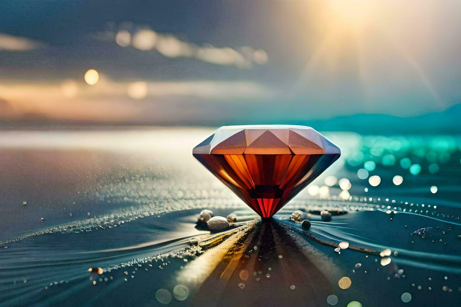 a diamond sitting on the water with a sun shining. AI-Generated photo