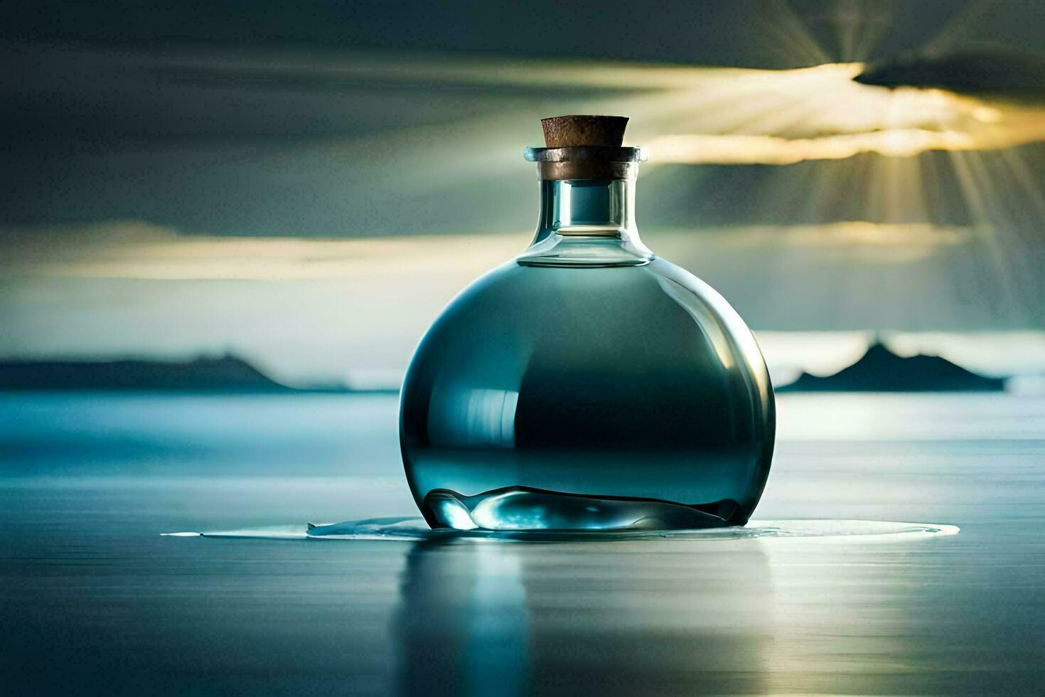 a bottle of liquid sitting on the water with the sun shining through. AI-Generated photo