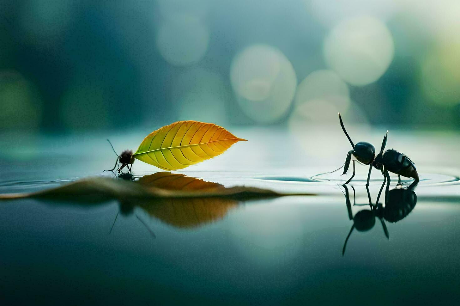 two ants standing on the water with a leaf. AI-Generated photo