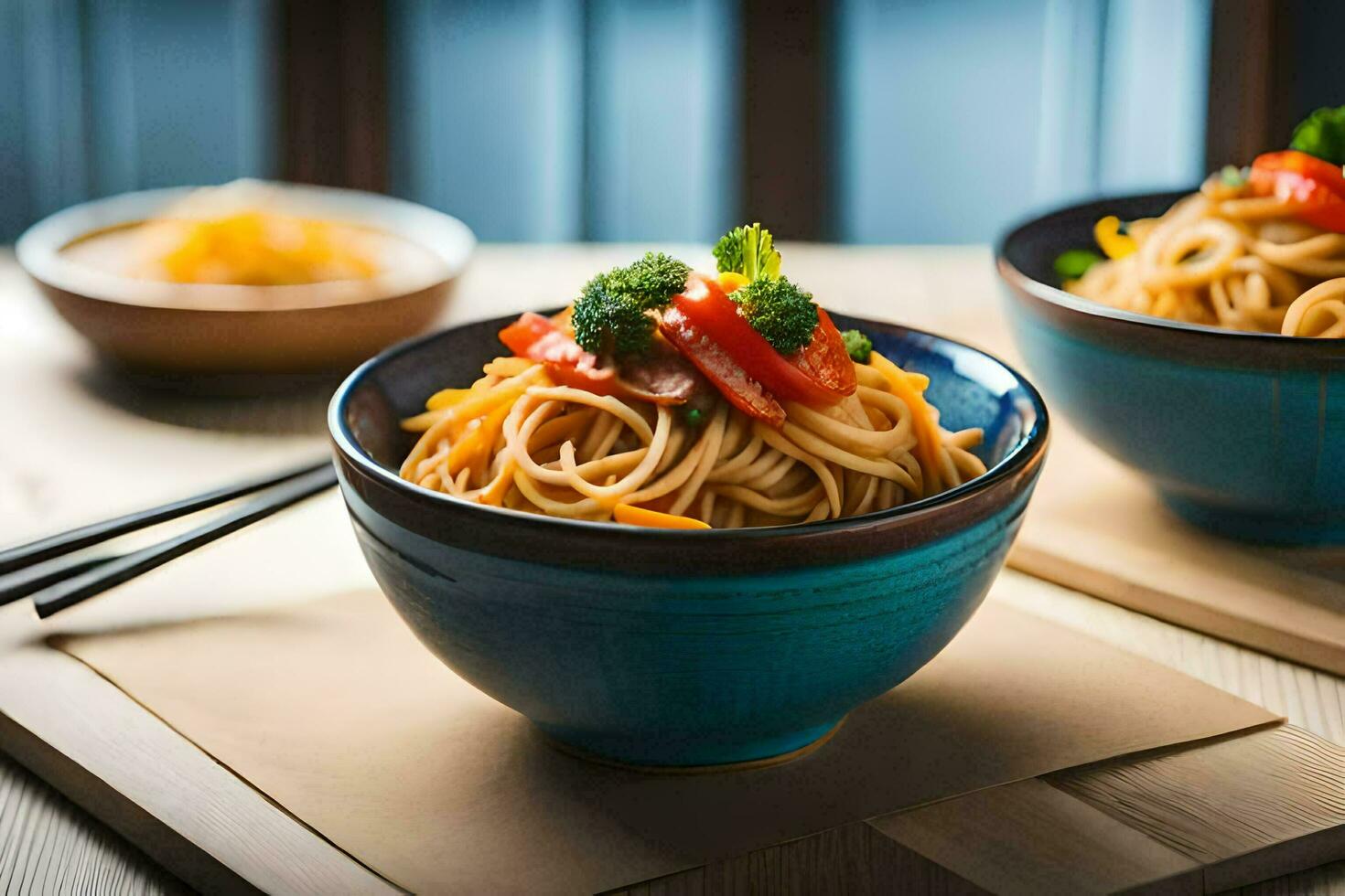 two bowls of noodles with vegetables and chopsticks. AI-Generated photo