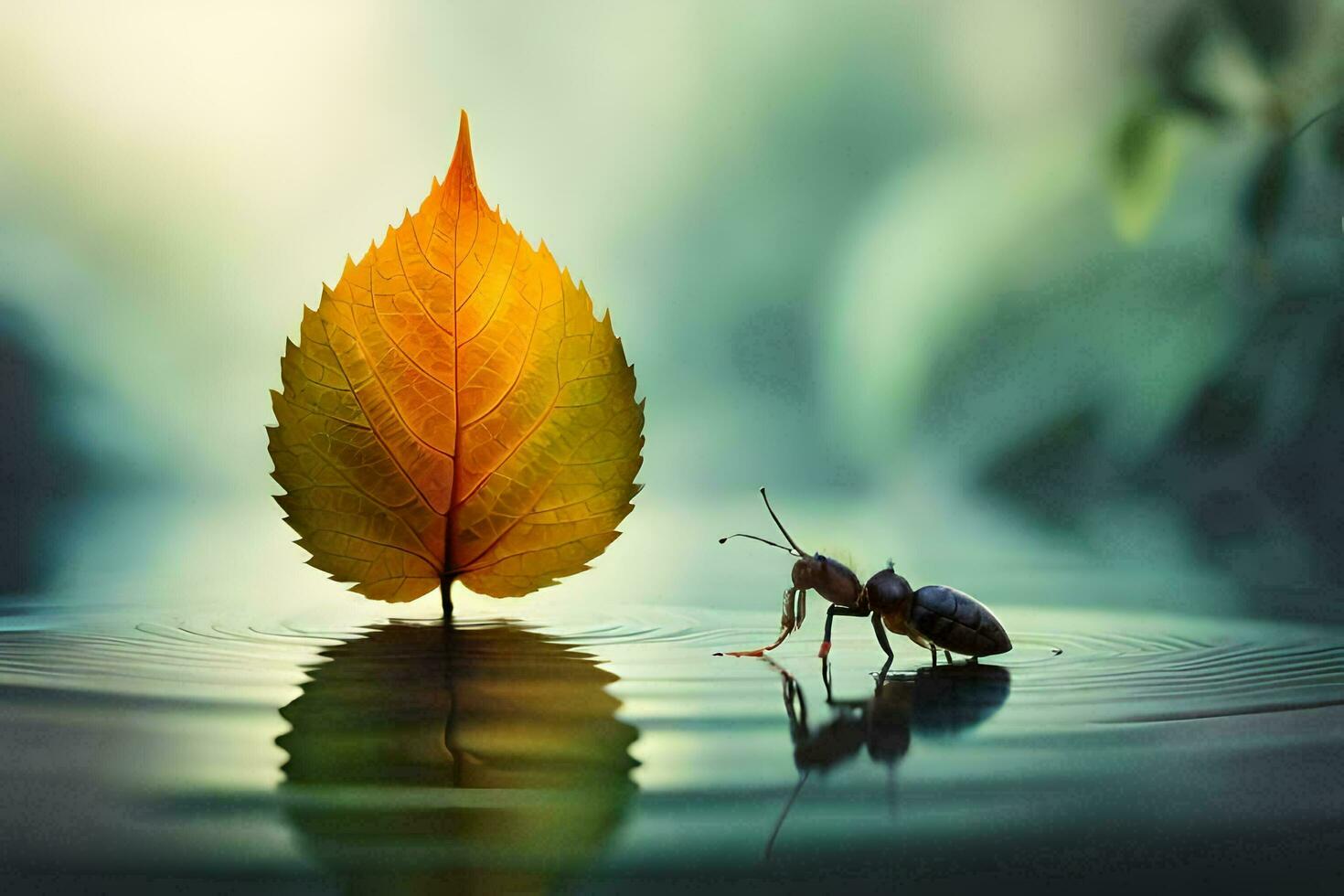 a leaf and an ant are standing in water. AI-Generated photo